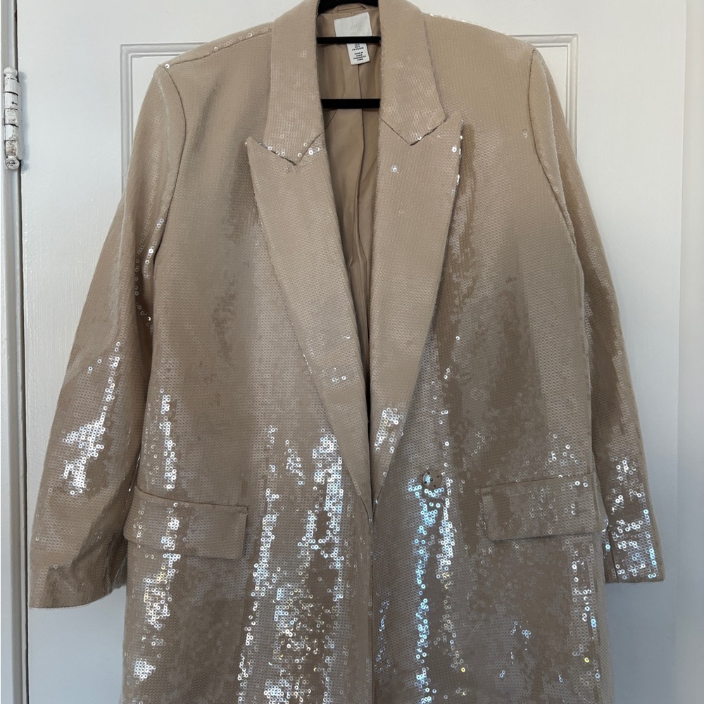 H&M Beige Sequin Long Blazer Jacket